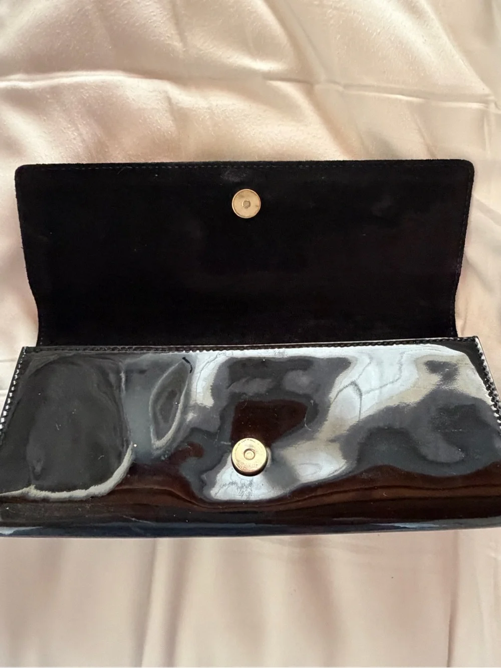 Gucci Black Patent Leather Clutch with Gold Crest Accent